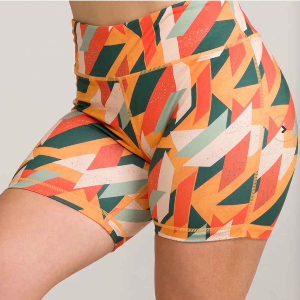 High-Waist Geometric Swim/Workout Bike Shorts - Orange Multi